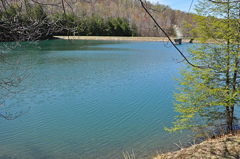 The Ligonier Township reservoir, blue water framed by spring trees